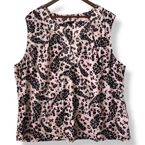 Talbots Plus Sleeveless Blouse 3X 100% Cotton Pink Leopard Paisley Split Neck